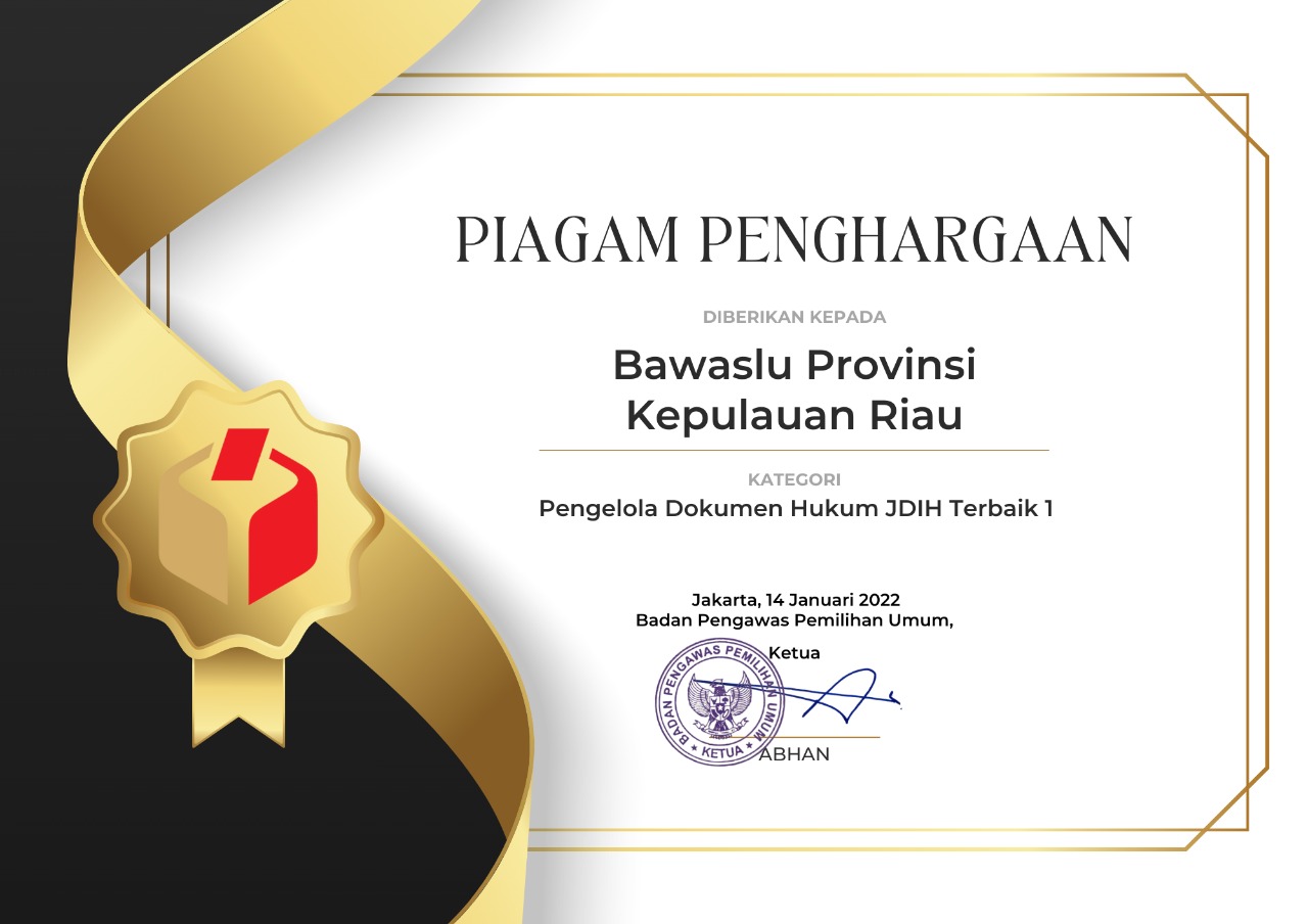 Bawaslu Kepri Raih Penghargaan Pengelola Dokumen Hukum JDIH Terbaik 1