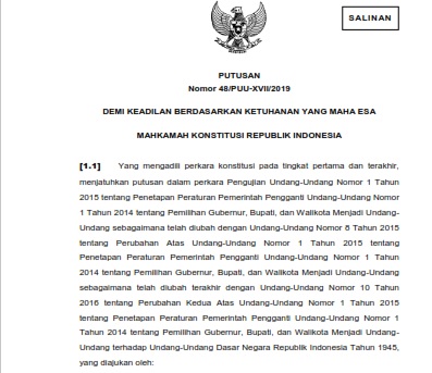 Putusan Mahkamah Konstitusi No. 48PUU-XVII2019 Tentang Permohonan Pengujian UU No. 10 Tahun 2016