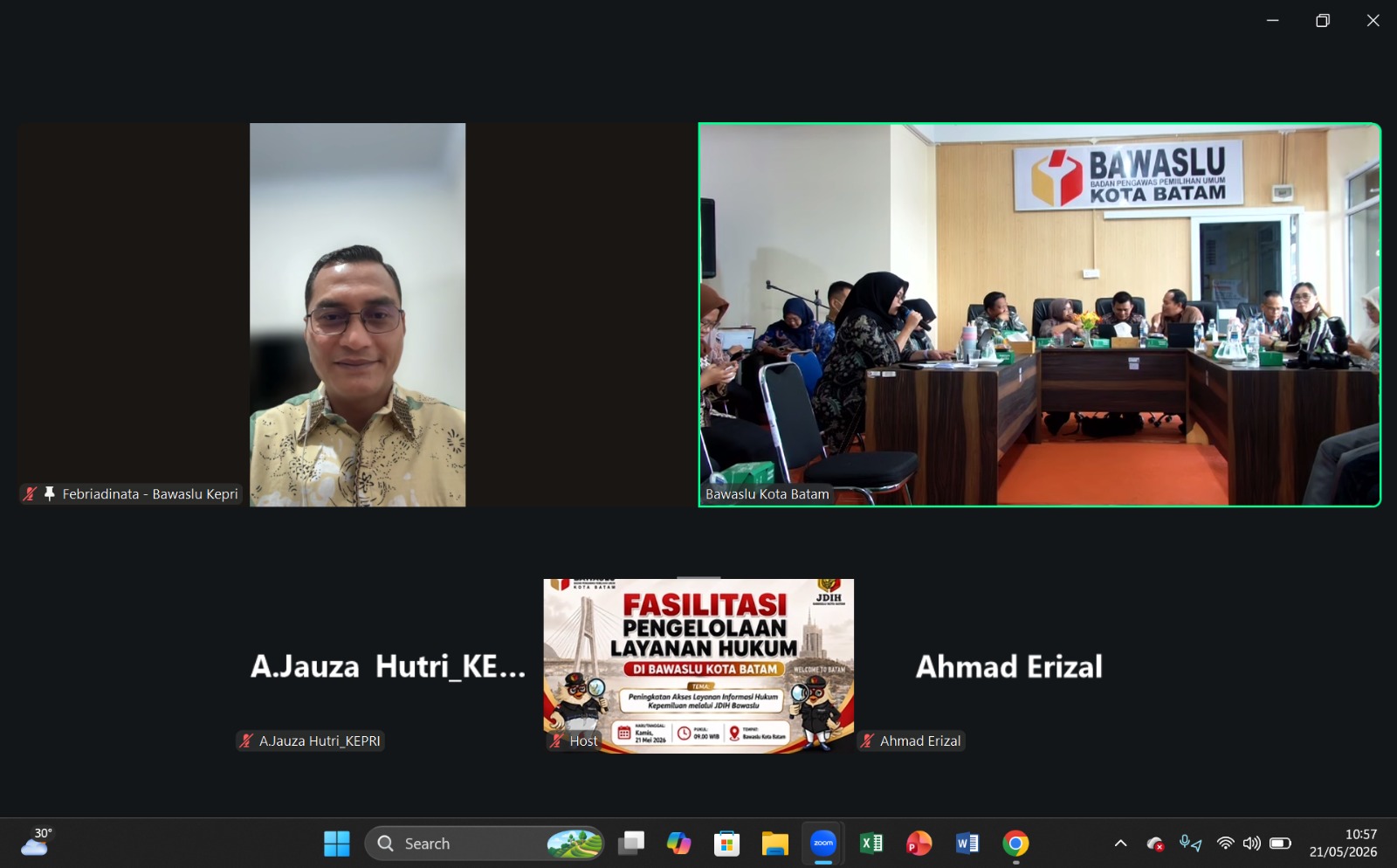 Anggota Bawaslu Provinsi Kepulauan Riau, Febriadinata, S.T Menjadi  Narasumber Penguatan Layanan Informasi Hukum Kepemiluan di Bawaslu Kota Batam melalui zoom meeting.