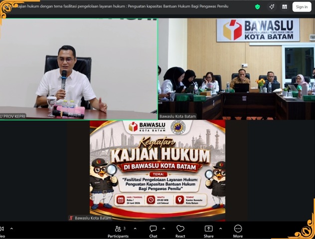 Anggota Bawaslu Provinsi Kepulauan Riau Koordinator Divisi Hukum dan Penyelesaian Sengketa, Febriadinata menjadi narasumber pada kegiatan Fasilitasi Pengelolaan Layanan Hukum: Penguatan Kapasitas Bantuan Hukum bagi Pengawas Pemilu yang diselenggarakan Bawaslu Kota Batam di ruang rapat Kantor Bawaslu Kota Batam, Rabu (24/6/2026).