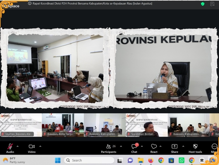 Rapat Koordinasi (Rakor) Divisi Pencegahan, Partisipasi Masyarakat, dan Hubungan Masyarakat (P2H) bersama Bawaslu Kabupaten/Kota se-Provinsi Kepulauan Riau, Rabu (6/8/2026).