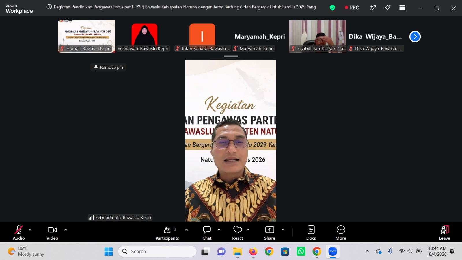 Anggota Bawaslu Provinsi Kepulauan Riau Febriadinata menjadi narasumber pada Pendidikan Pengawas Partisipatif (P2P) yang diselenggarakan Bawaslu Kabupaten Natuna secara daring melalui Zoom Meeting, Selasa (4/8/2026).
