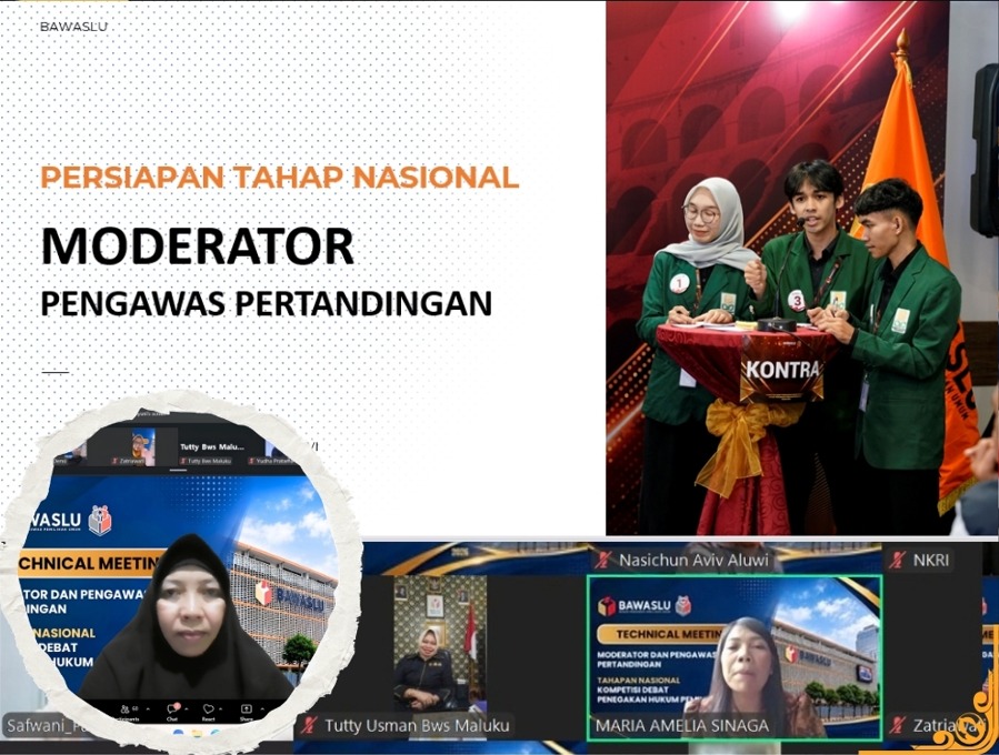 Anggota Bawaslu Provinsi Kepulauan Riau Koordinator Divisi Penanganan Pelanggaran, Data dan Informasi, Rosnawati. ikuti Technical Meeting Moderator dan Pengawas Pertandingan Tahapan Nasional Kompetisi Debat Penegakan Hukum Pemilu VI Antar Perguruan Tinggi Se-Indonesia Tahun 2026 dilaksanakan secara daring melalui Zoom, Selasa (15/9/2026)