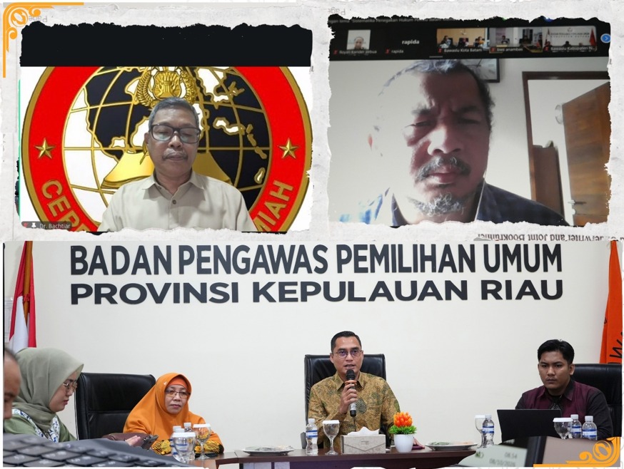 Foto anggota Bawaslu kepri, Febriadinata dan Rosnawati bersama Narasumber melalui zoom Meeting dalam Rapat Kajian dan Analisis Hukum bagi Bawaslu Kabupaten/Kota se-Provinsi Kepulauan Riau, Kamis (8/10/2026).